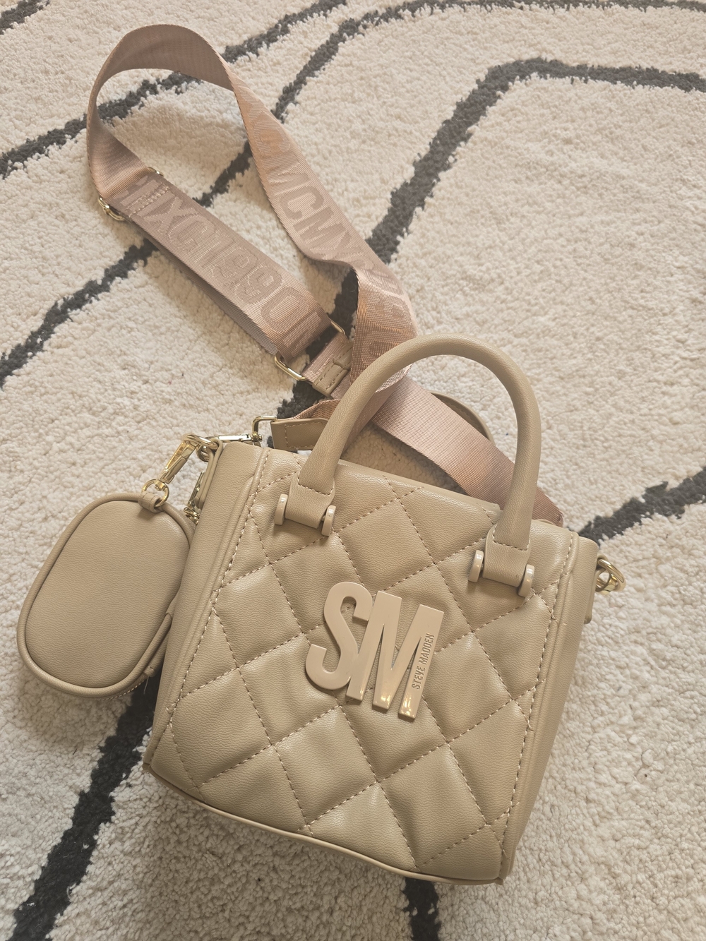 Steve Madden Taupe Quilted Crossbody Satchel with Logo Strap